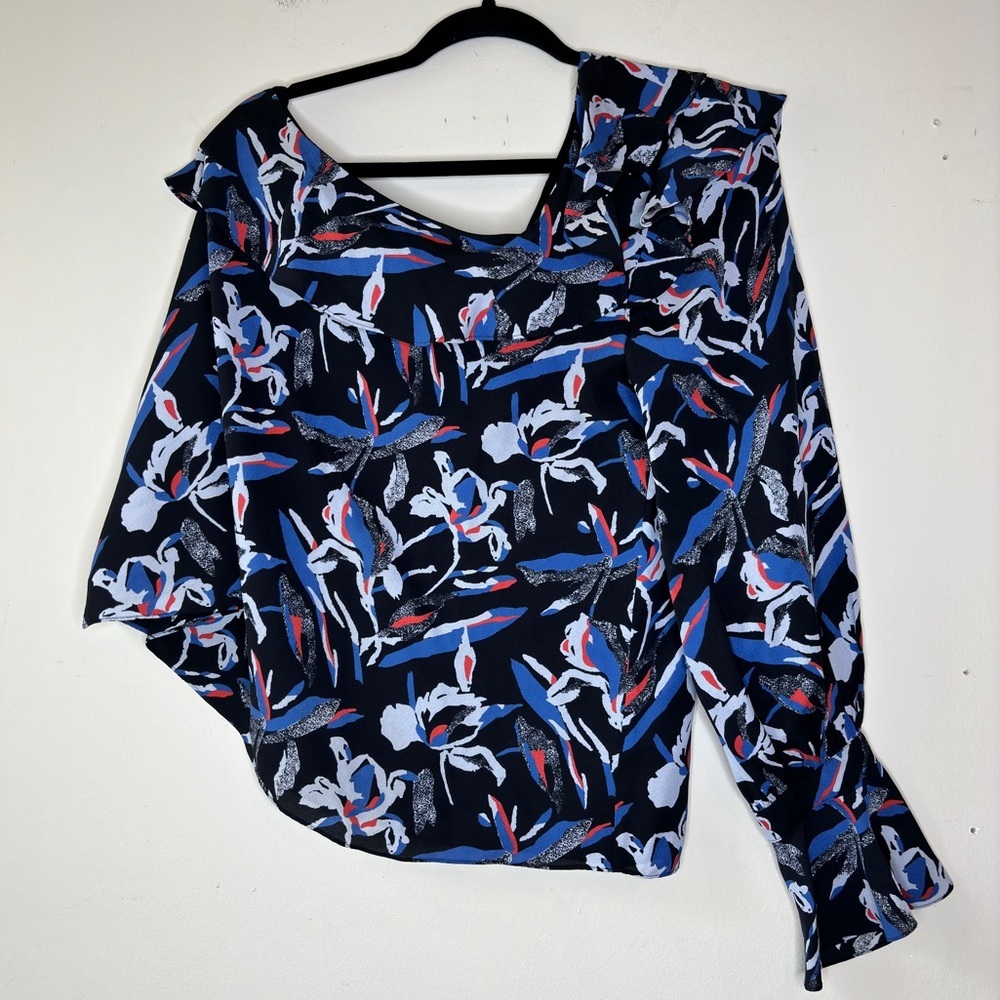 Tanya Taylor Orla Blue Black Red‎ Flora One Shoulder Silk Ruffle Top Size 12 - Picture 10 of 12